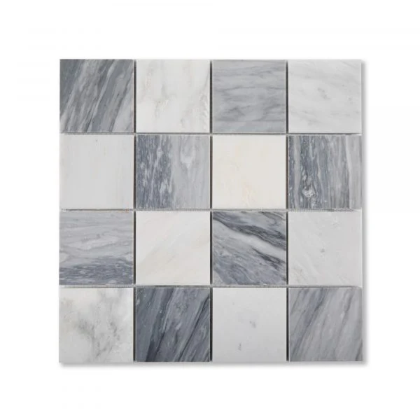 Sample: Casablanca Carrara & Bardiglio Grey Marble 3 Inch Checkerboard Mosaic Marble Tile | Honed