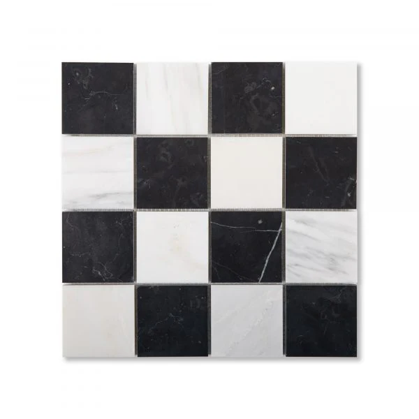 Sample: Casablanca Carrara & Nero Marquina 3 Inch Checkerboard Mosaic Marble Tile | Honed