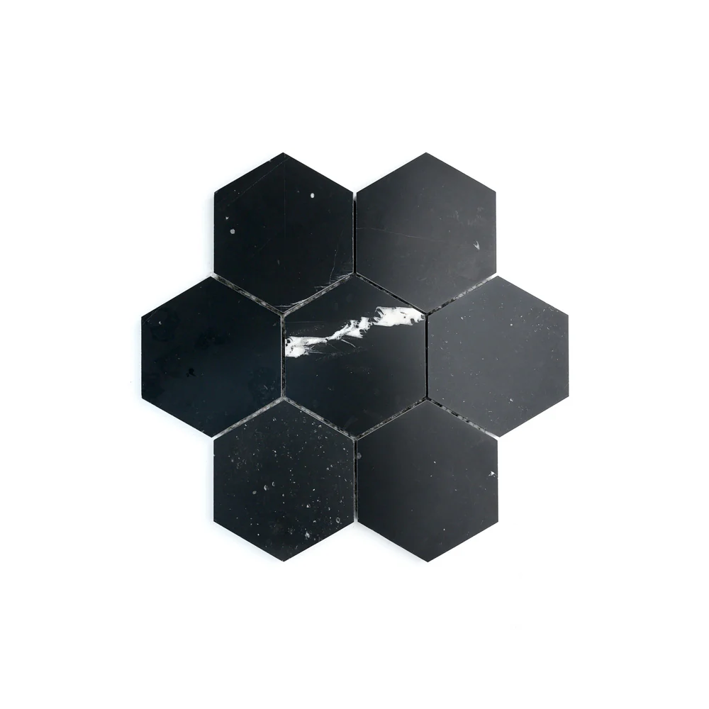 Sample: Nero Marquina 5 Inch Hexagon Mosaic Marble Tile | Honed